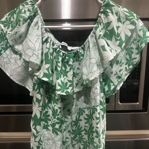 Desigual Green and White Floral Off-Shoulder Ruffle vacation sexy top